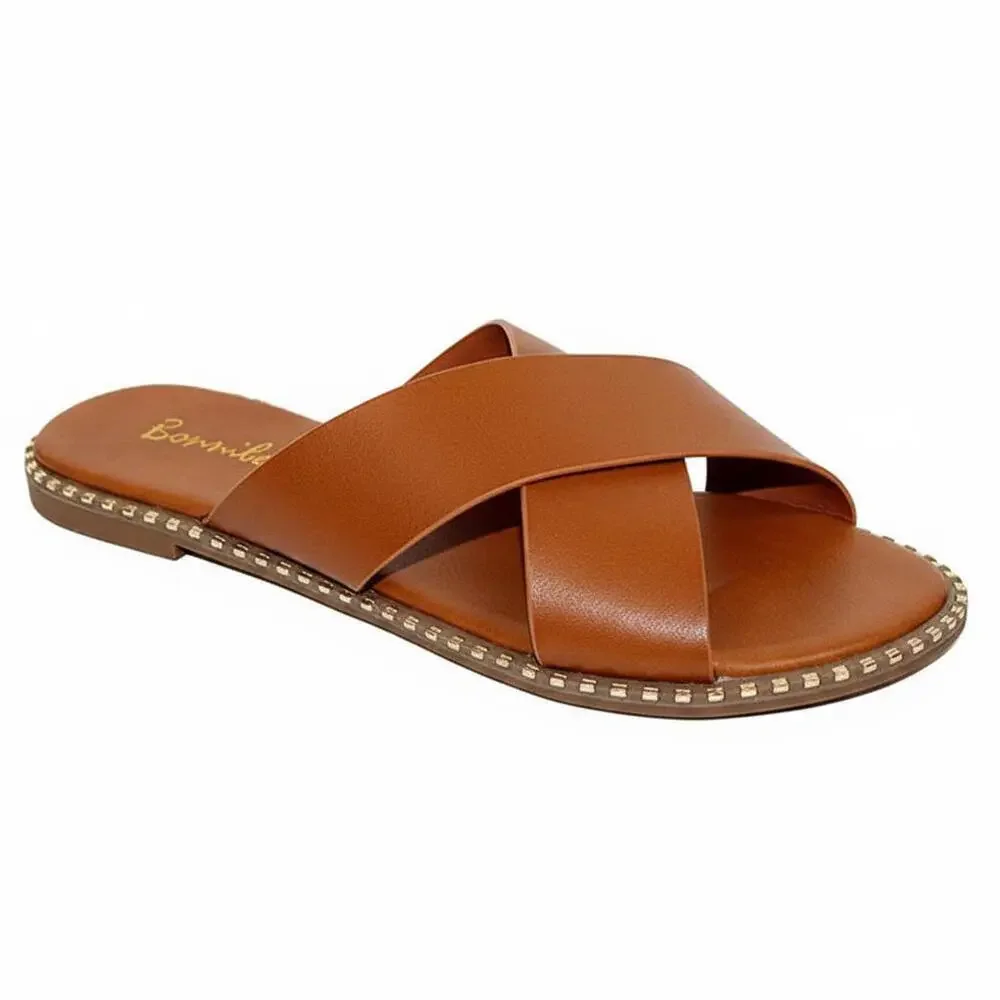 Tan Crisscross Slide Sandals with Studded Detail - Picture 4 of 5